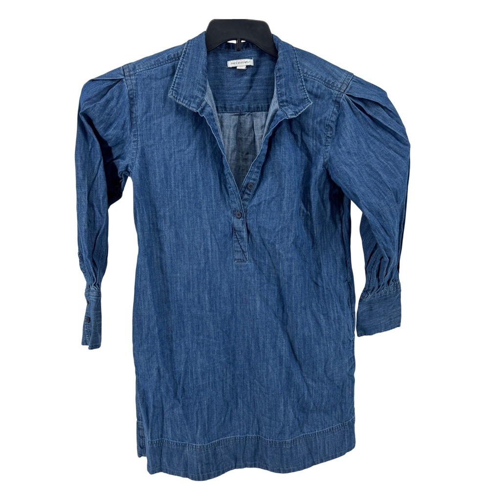 Free Assembly Denim‎ Shirt Dress Medium Blue Sleeve Henley Mini Pocket Boho Hip